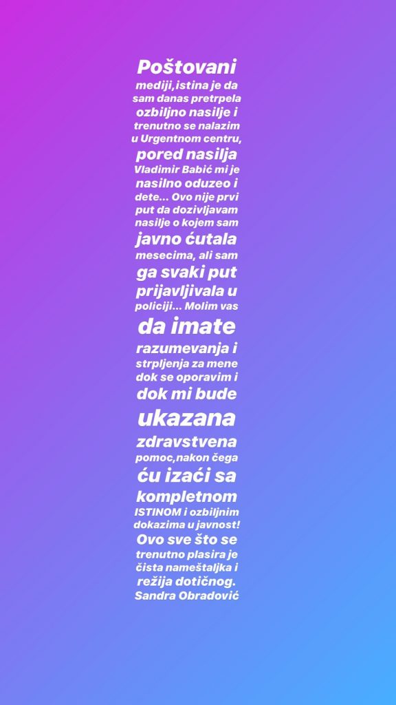 SANDRA OBRADOVIĆ ZAVRŠILA U URGENTNOM CENTRU I OPTUŽILA PARTNERA: Mesecima trpim fizičko nasilje, a sada mi je oduzeo i sina! (FOTO) 1 InstaStories B lrLAHwBM