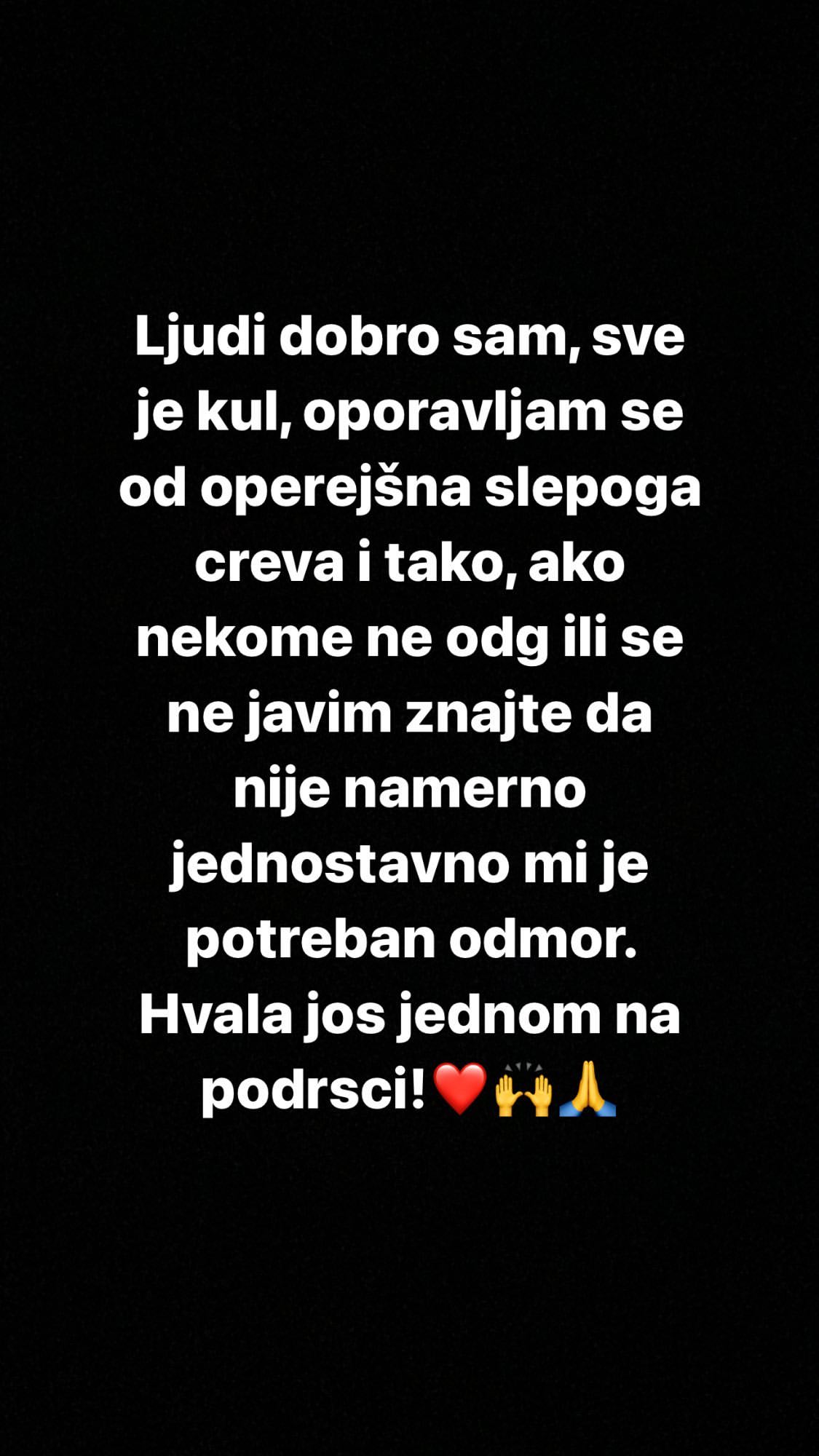 POTREBAN MI JE ODMOR: Filip Đukić oglasio se nakon operacije slepog creva (VIDEO) 1 filip izjava