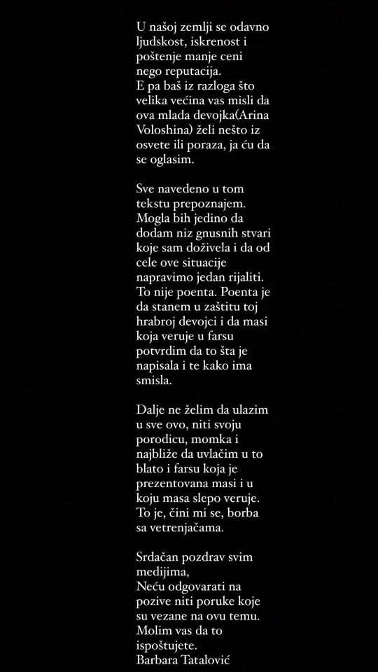 MOGLA BIH DA DODAM NIZ GNUSNIH STVARI: Barbara Tatalović oglasila se nakon što je Arina Vološina iznela skandalozne optužbe na račun Miloša Bikovića (FOTO) 1 Barbara Tatalović stala u odbranu Arine Vološove