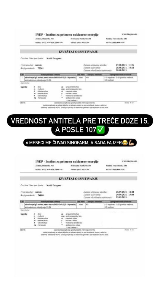 PROMENILA PROIZVOĐAČA: Dragana Katić javno pokazala rezultat antitela posle treće doze vakcine (FOTO) 1 vakcinacija izvestaj