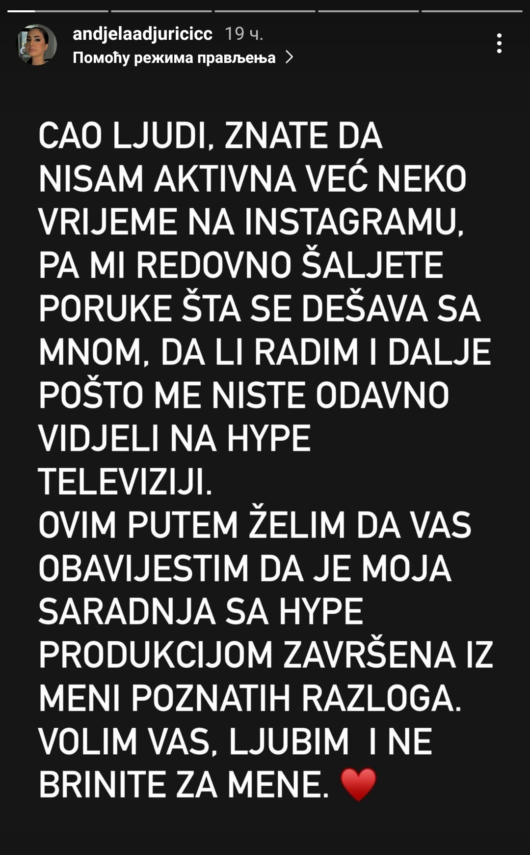 POSLE ŠEST MESECI RADA: Anđela Đuričić prekinula saradnju sa "Hajp" televizijom (FOTO) 1 Andjela Djuricic objava 1