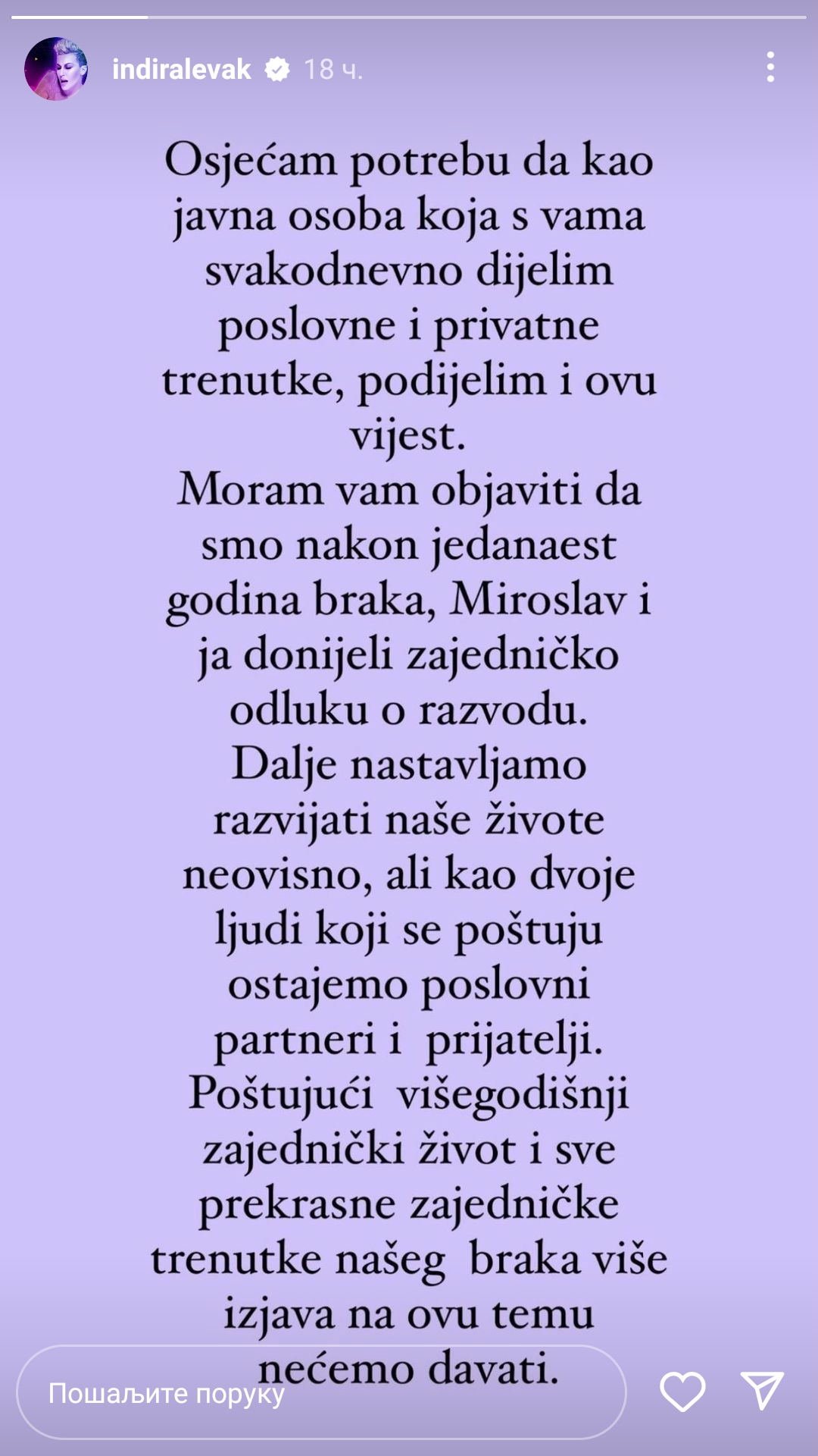 POSLE JEDANAEST GODINA BRAKA: Razvodi se Indira Levak 1 Indira Levak objava